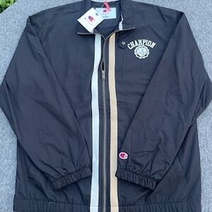 Champion Black Windbreaker Jacket with White and Tan Stripes